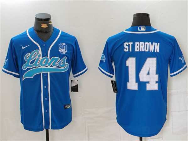 Men%27s Detroit Lions #14 Amon-Ra St. Brown Blue With 90th Anniversary Patch Cool Base Stitched Baseball Jersey